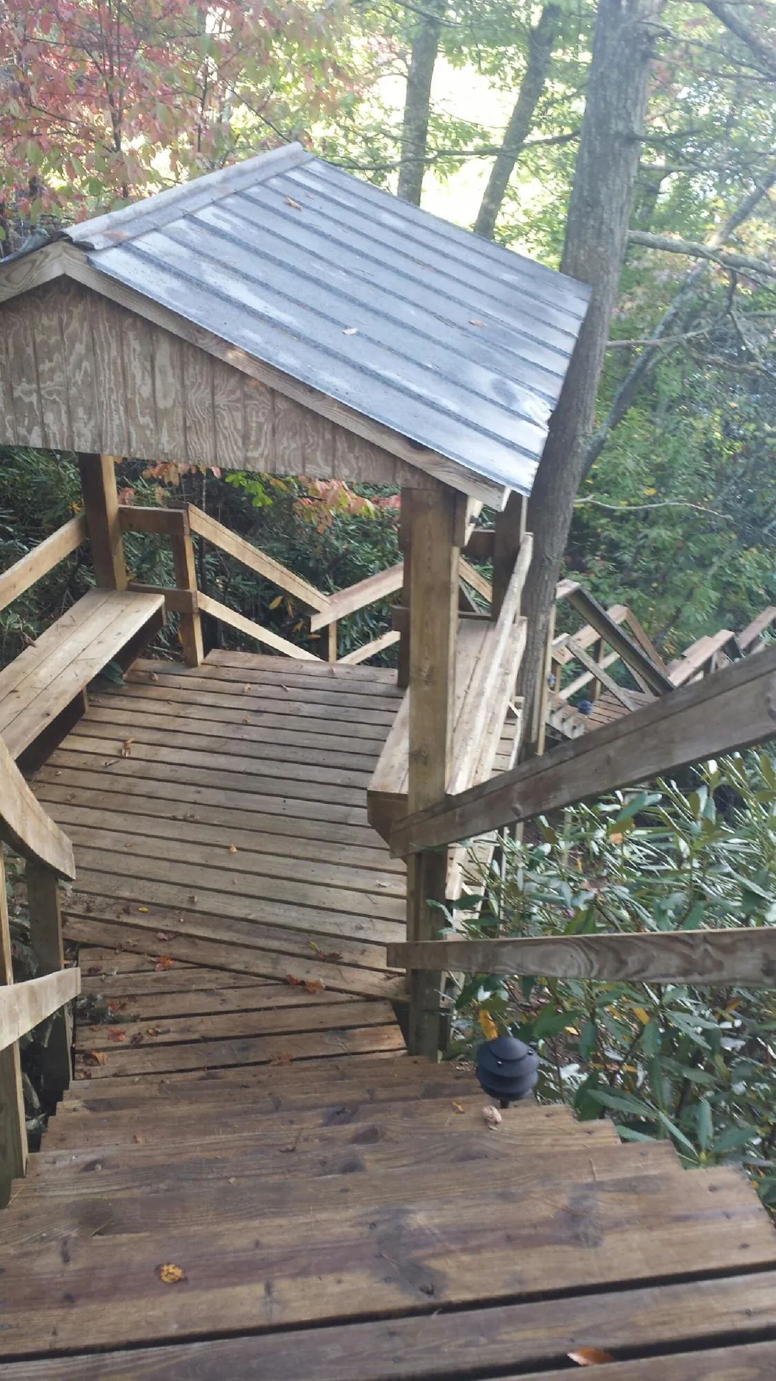 Metal roofed shelter over wooden steps on a wooded walkway — Skylight Repair & Installation work by our crew in Spurger